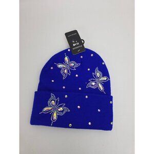NWT New Butterfly Rhinestone-Embellished Royal Blue Knit Beanie Hat